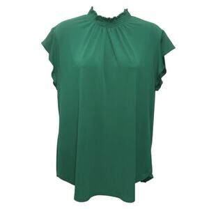 NY&Co 7th Avenue Green Smocked Mock Neck Flutter Sleeve Blouse L